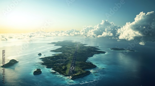 Breathtaking aerial perspective of an island runway surrounded by the ocean during daylight