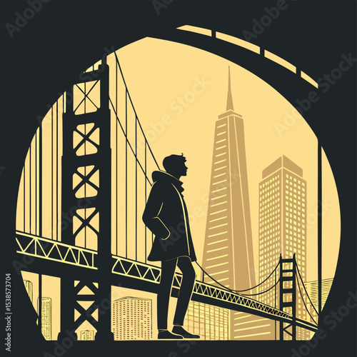 Silhouette of a man overlooking a city skyline with a bridge in the foreground and arch framing it all