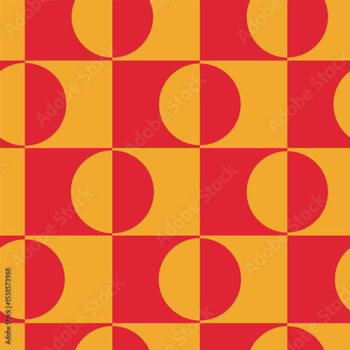 Minimalist half circles on retro squares seamless pattern in orange and red. For wallpaper, home décor and retro backgrounds