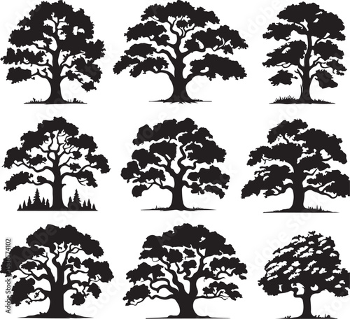 Set of oak tree silhouettes