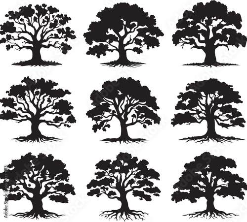 Set of oak tree silhouettes