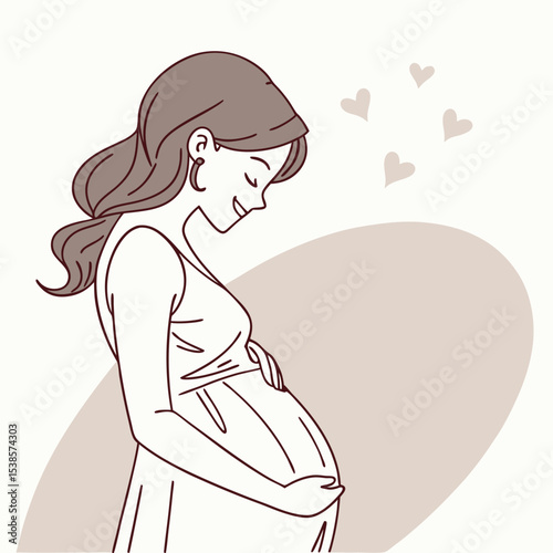 Illustration of a pregnant woman in a dress looking down at her belly with heart shapes floating above her