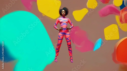Confident woman in bold colorful fashion scene
