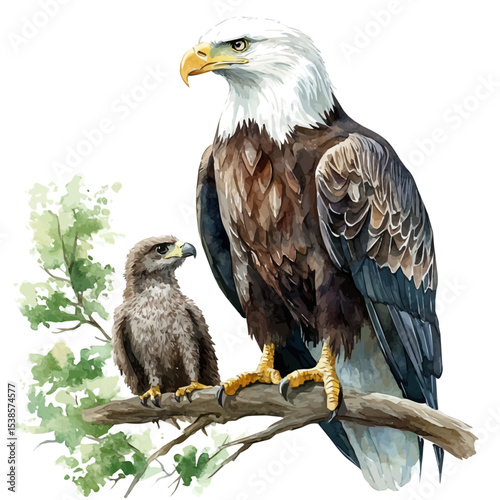 A Mother Eagle With Her Kid, watercolor painting vector, isolated on a white background.
