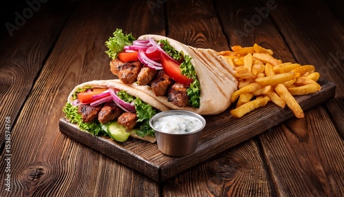 leckerer doner kebab im fladenbrot mit frischem gemuse krautersosse und pommes n nahaufnahme eines klassischen turkischen fastfoods perfekt angerichtet auf rustikalem holztisch