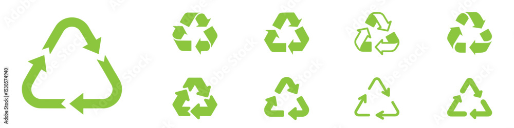 Obraz premium Recycle vector icon set. Arrows, heart and leaf recycle eco green symbol. Rounded angles. Recycled signs illustration isolated on white background. Recycling arrow ecofriendly. Vector Illustration. 