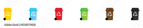 Garbage bins set. Colorful trash cans with recycling icon. Waste sorting containers. Vector illustration. EPS 10
