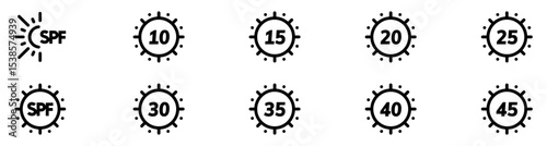 SPF icon set. UV protection. Sun protect for skin. protection. SPF icon for sunscreen or skin cosmetics packaging. Vector Illustration.