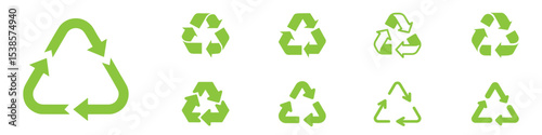 Recycle vector icon set. Arrows, heart and leaf recycle eco green symbol. Rounded angles. Recycled signs illustration isolated on white background. Recycling arrow ecofriendly. Vector Illustration. 