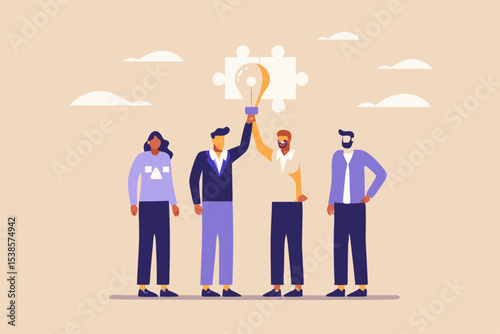 Teamwork and Innovation Diverse Group Collaborating to Generate Ideas Represented by Lightbulb and Puzzle Pieces Achieving Business Success Together