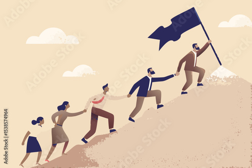 Teamwork and Leadership Illustration A group of business people climb a mountain together reaching the summit with a flag symbolizing
