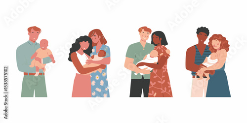 Diverse Families Holding Newborn Babies Representing Love Care and New Beginnings with Happy Parents and Infants in a Flat Design