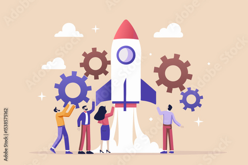 Team launching a rocket symbolizing startup success business growth and innovation with gears and clouds in a flat vector illustration