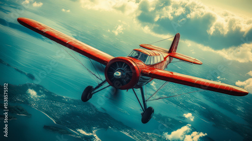 Vintage airplane flying over coastal landscape during a cloudy day