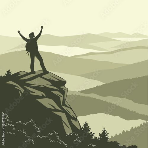 Silhouette of a hiker with backpack celebrating on a mountain peak overlooking layered mountain ranges