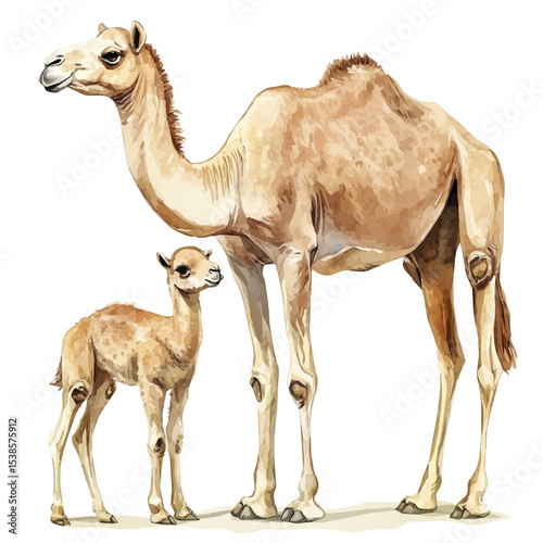 watercolor of A Mother Dromedary With Her Kid, vector, isolated on a white background.