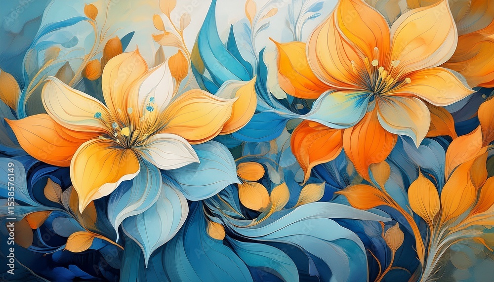 Obraz premium light blue orange and yellow flowers are blooming in a whimsical and colorful abstract painting