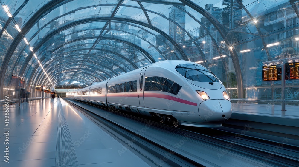 Obraz premium High-Speed Train Journey: A streamlined high-speed train glides effortlessly through a modern railway station, its sleek design hinting at speed and technological advancement.
