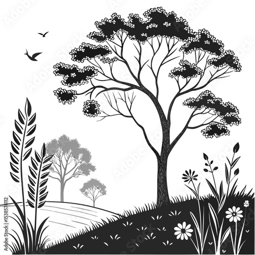 Illustration of a large tree with flowers, birds, and grass in a black and white landscape scene