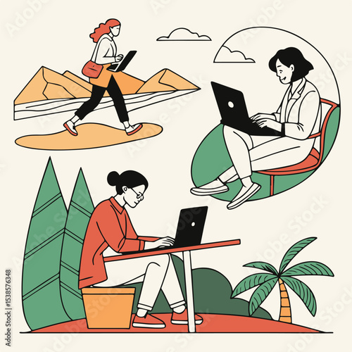 Remote Work and Digital Nomad Lifestyle – Vector Illustration of Women Working from Anywhere