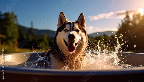 Husky dog in a tub of water with its tongue out