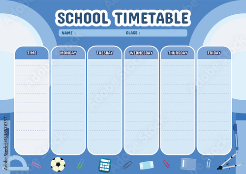 School Timetable with Learning Tools. Featuring School Supplies on blue background concept.