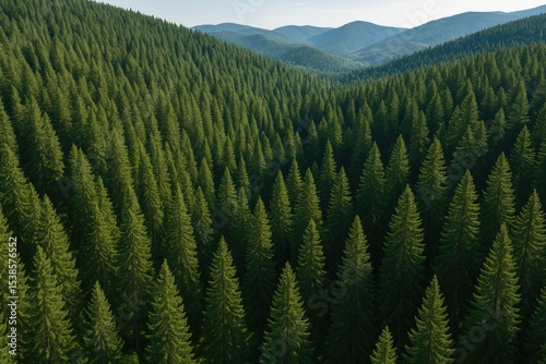 Bird's-eye perspective of lush pine forest canopy