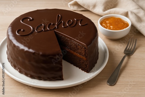 Delicious birthday dessert featuring a rich chocolate sacher cake with apricot jam, displayed on a table.