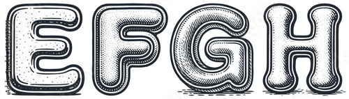 Retro letters E, F, G, H. Detailed engraving, linocut style. Rounded, metallic, 3D effect. Monochrome vintage vector font, typography element.