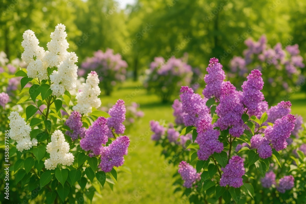 Obraz premium Vivid display of white and purple lilac bushes in a serene park setting