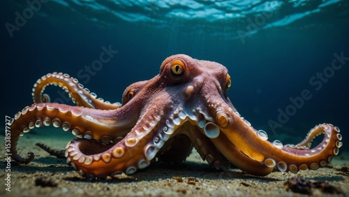 Octopus Resting on the Ocean Floor with Sunlit Surface Above