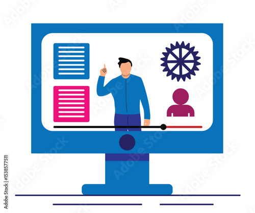 Business Man on Computer Giving a Tutorial on Video. People learning online by using digital equipment vector art
