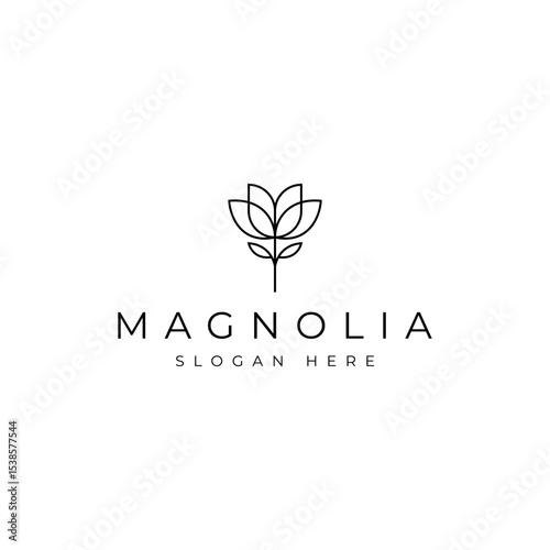 magnolia flower logo with linear line art outline design style