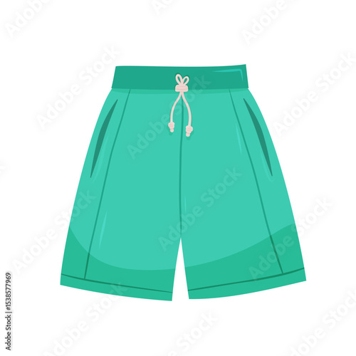 Green casual shorts with drawstring on white background, beachwear