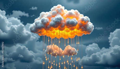 a cloudy sky as a backdrop for a cluster of clouds shaped like a bomb that has recently exploded, releasing smaller cloud explosio