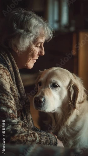 An elderly woman lovingly kisses her golden retriever, showcasing a warm moment of companionship and affection. Animal bonding.  