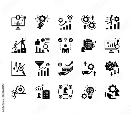 Strategic evolution icon set with Digital transformation, Technology, Innovation, Adaptation, Resilience, Growth, Strategic management.