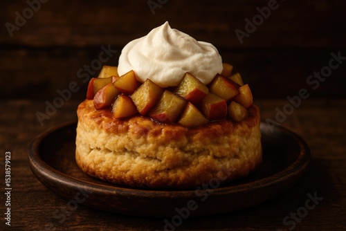 Rustic biscuit roll filled with apples and whipped cream, captured with selective focus photo