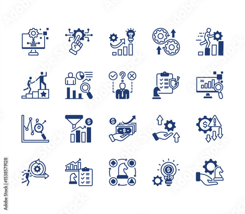 Strategic evolution icon set with Digital transformation, Technology, Innovation, Adaptation, Resilience, Growth, Strategic management.