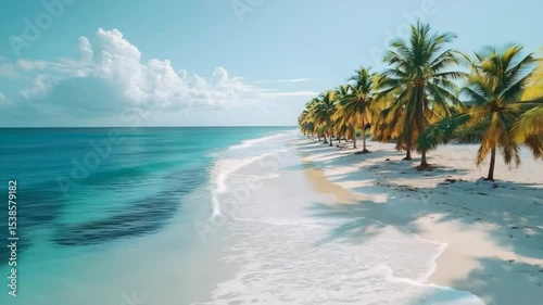 Tranquil tropical island beach with swaying palm trees and gentle waves