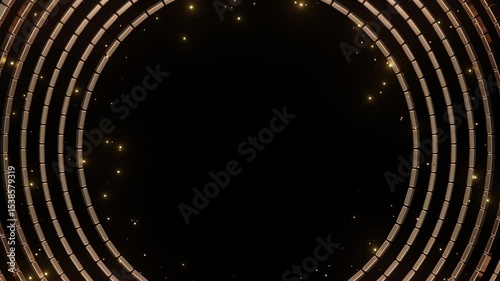Abstract golden circle frame made of shimmering squares with small bright particles floating on a dark background, ideal for event opener, festive holiday, or luxury title background.