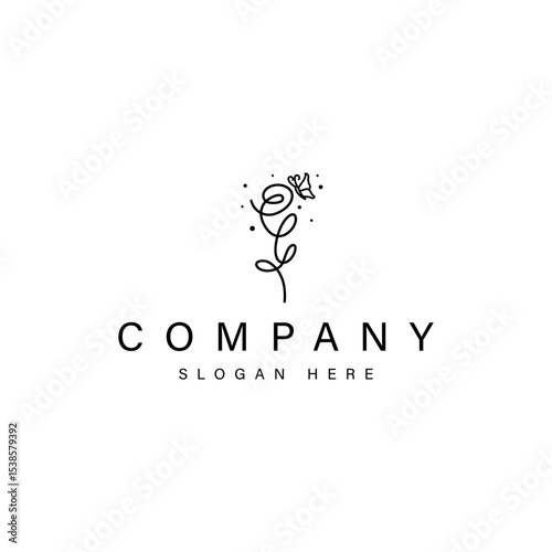 Tulip flower with butterfly seeking flower nectar in outline continuous line logo design style