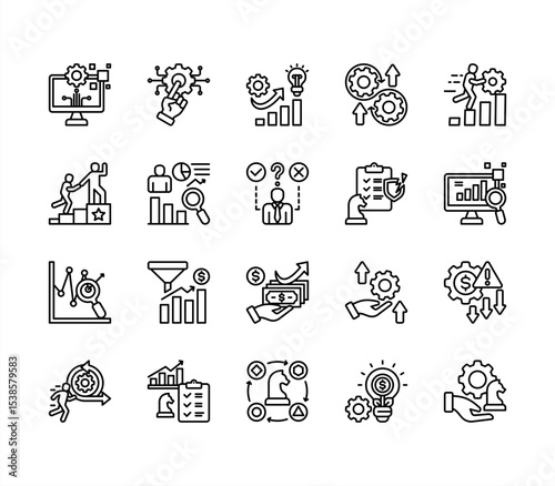 Strategic evolution icon set with Digital transformation, Technology, Innovation, Adaptation, Resilience, Growth, Strategic management.