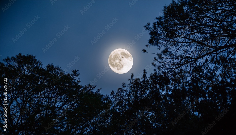 Naklejka premium close up of white moon behind tree canopy backlit at night capturing a mysterious and serene nocturnal scene
