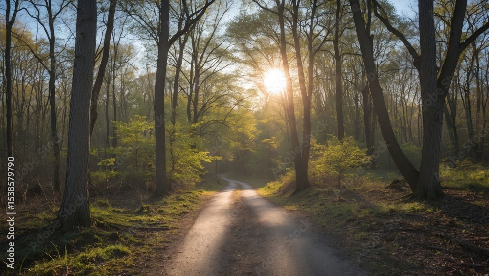 Obraz premium A serene pathway through a forest with sunlight filtering overhead