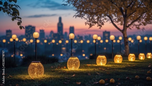 Beautiful garden illumination set against a dusky evening sky