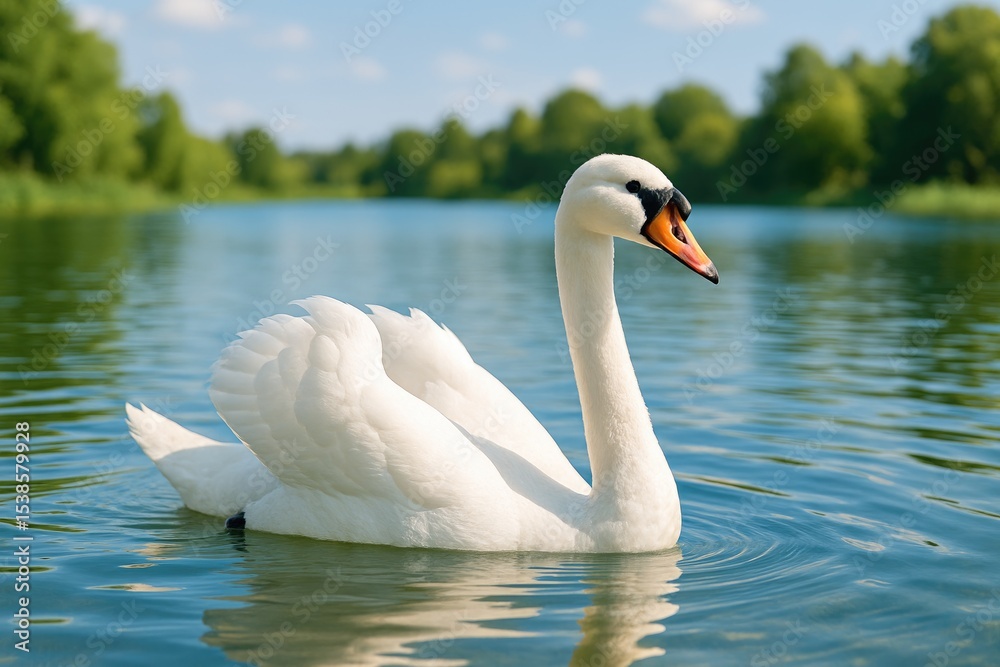 Obraz premium A graceful white bird gliding across a summer lake with lush surroundings