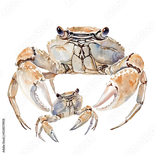 A Mother Crab With Her Kid, watercolor illustration vector, isolated on a white background.