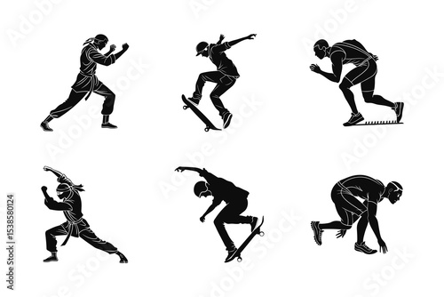 Silhouettes of martial artists skateboarders and runners isolated on white