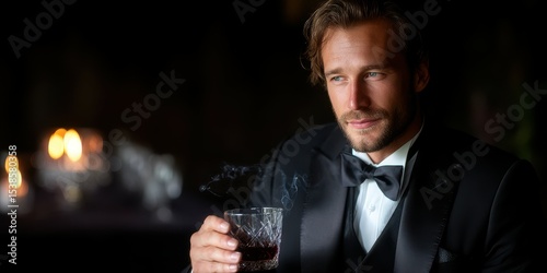 Evening gathering with a well-dressed man enjoying a drink in an elegant setting photo